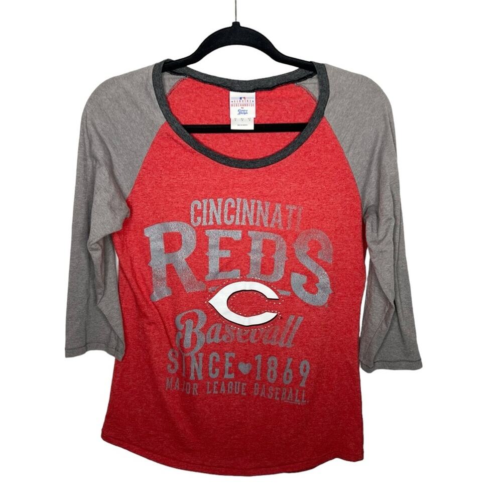 MLB / Cincinnati Reds gray red rhinestone 3/4 sleeve baseball tee / M